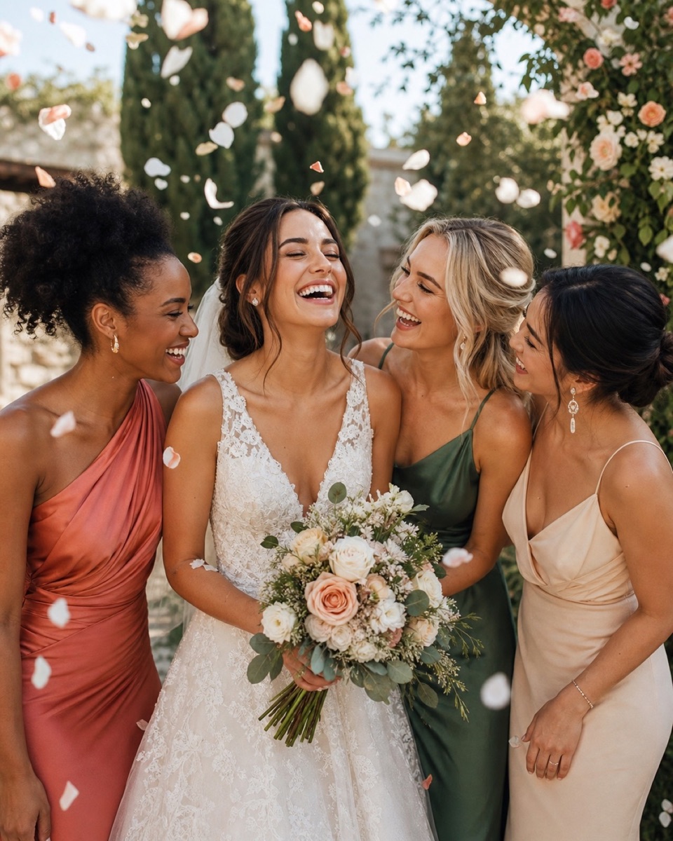 Joyful bride celebrating with friends after the ceremony