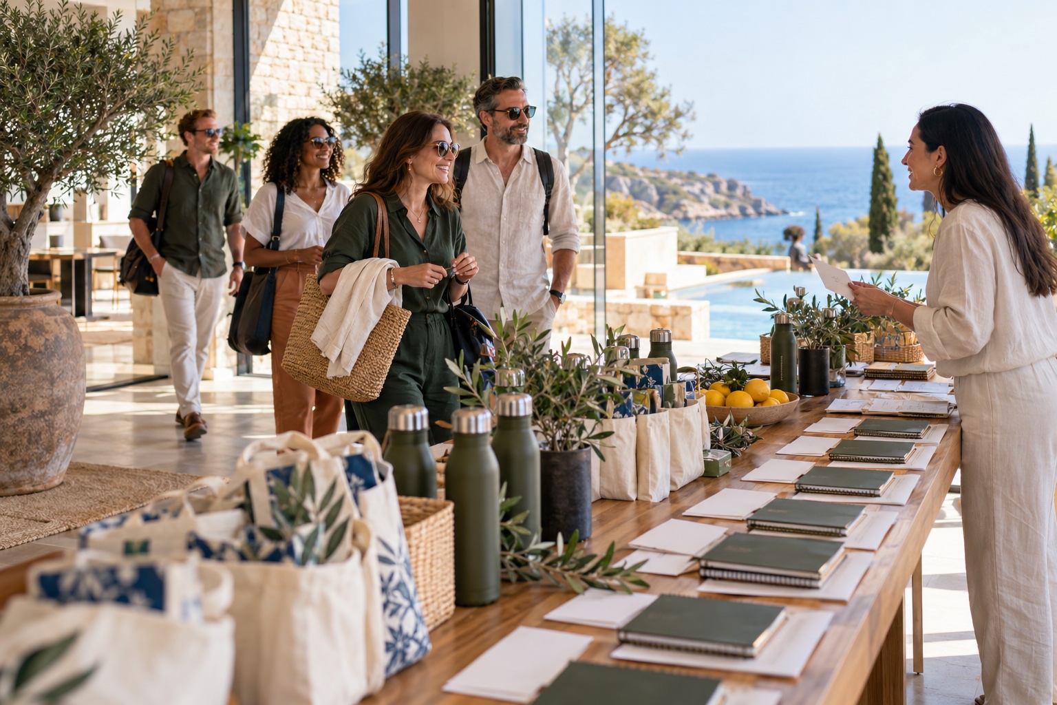 Guests arriving at a coastal seminar welcome table with notebooks, bottles and locally inspired gift bags