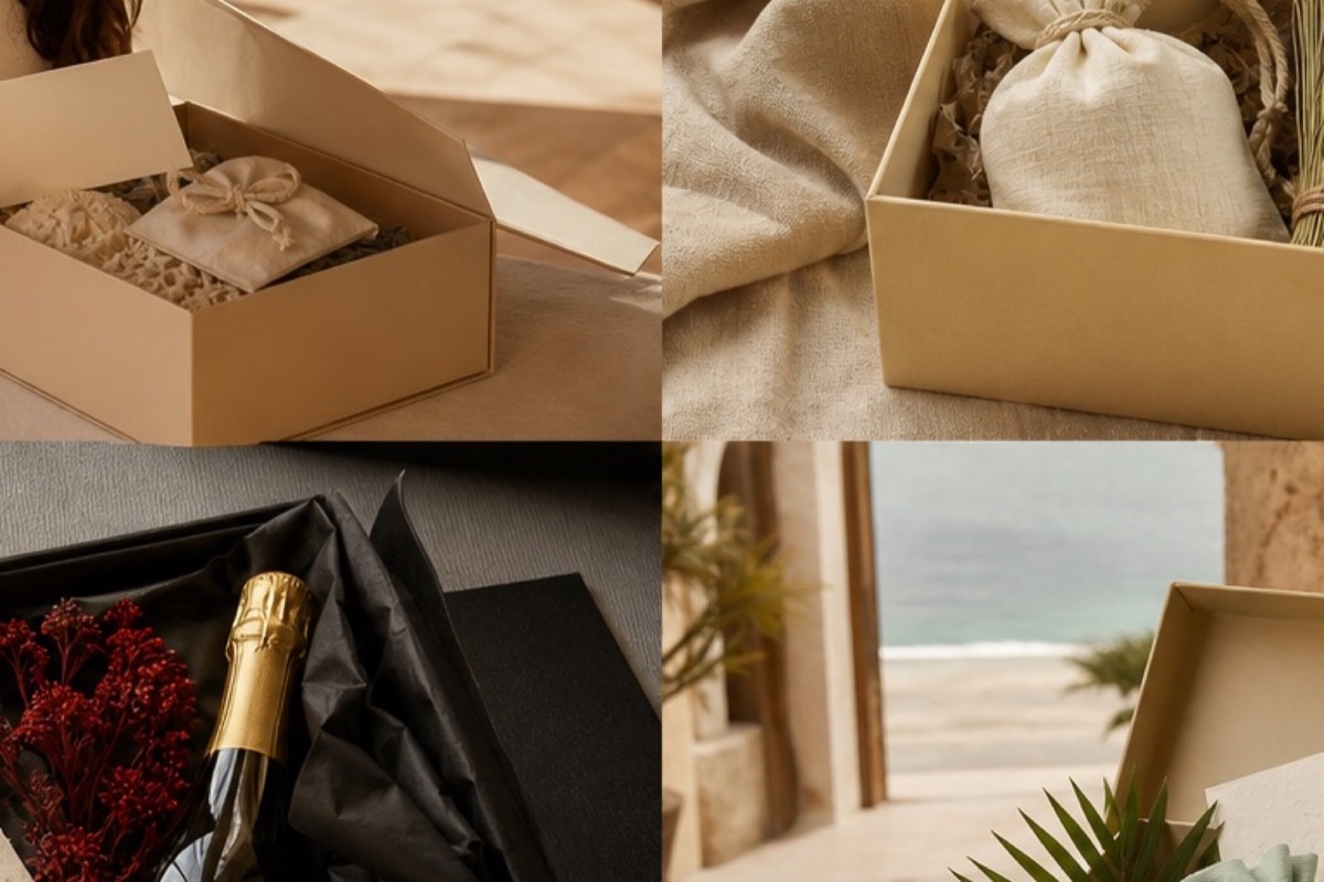 A guest opening a curated gift box
