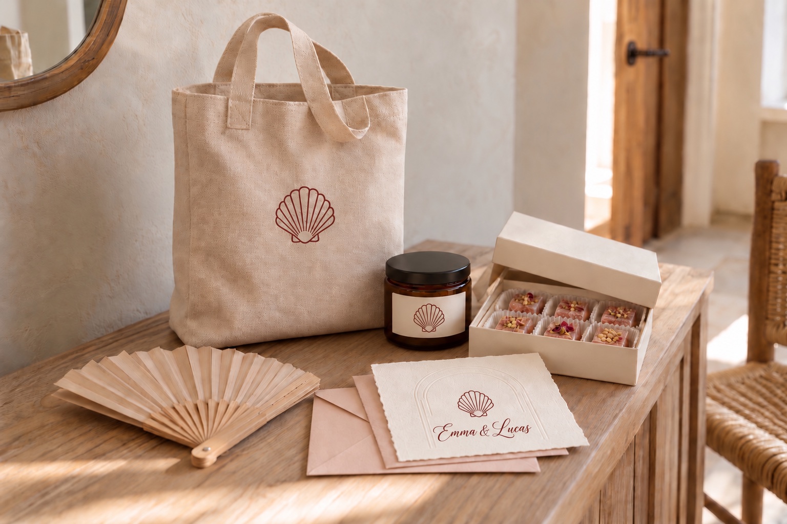 Reusable destination wedding tote, closed body cream and Emma and Lucas wedding card with matching seashell artwork