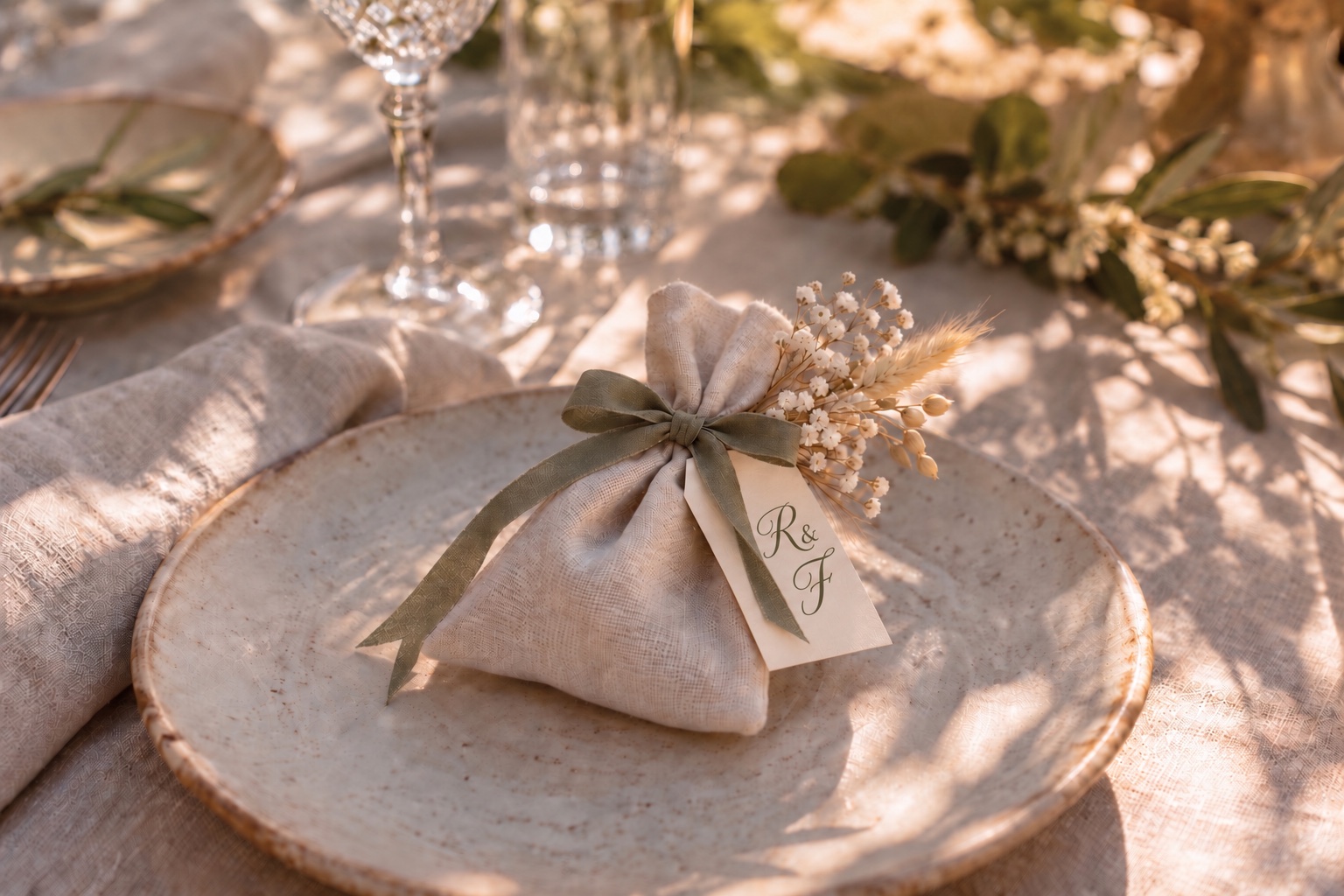 Simple linen wedding favour with sage ribbon, delicate dried wildflowers and an R and F monogram label