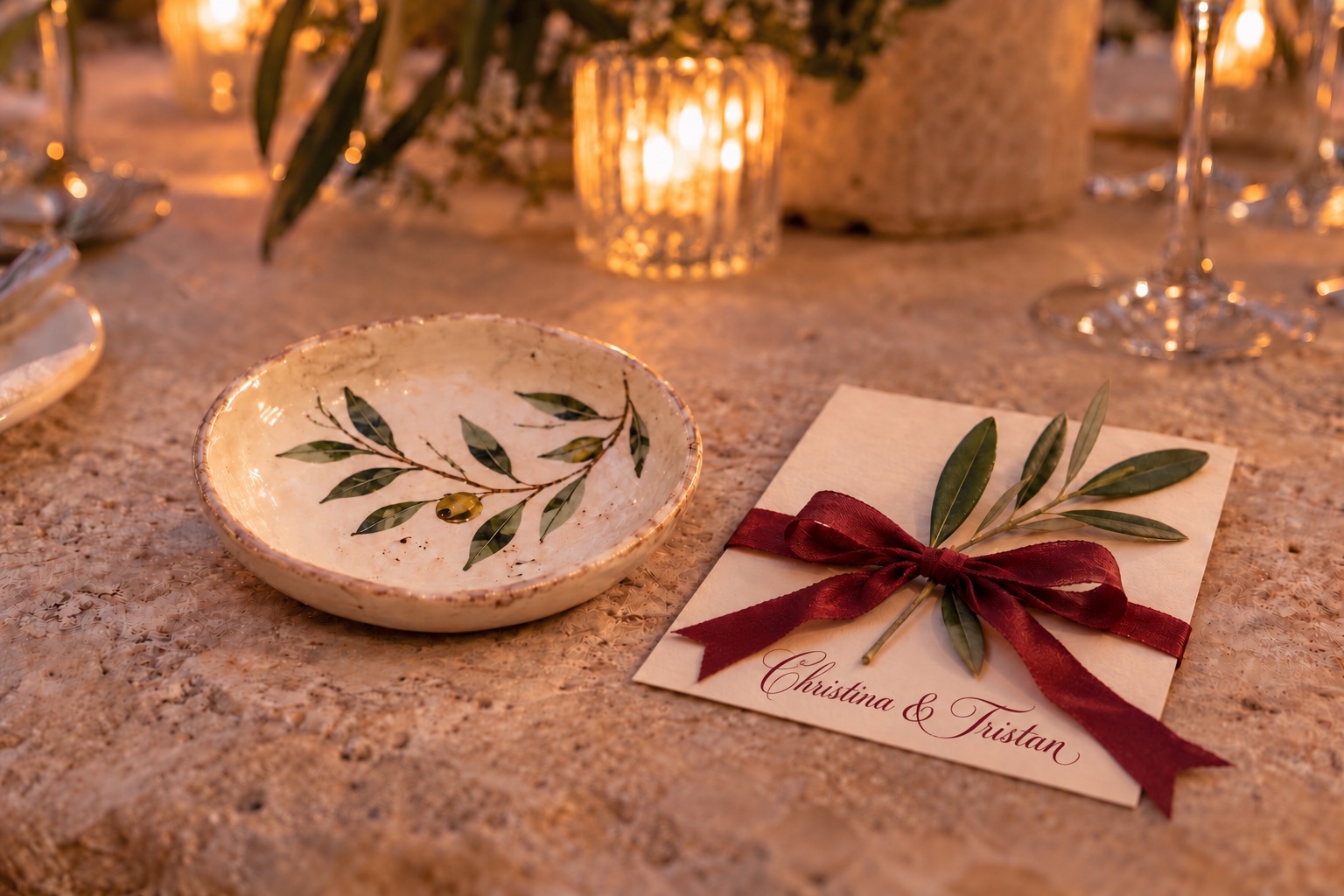 Flat ceramic wedding keepsake paired with an olive-sprig card for Christina and Tristan and a naturally tied ribbon