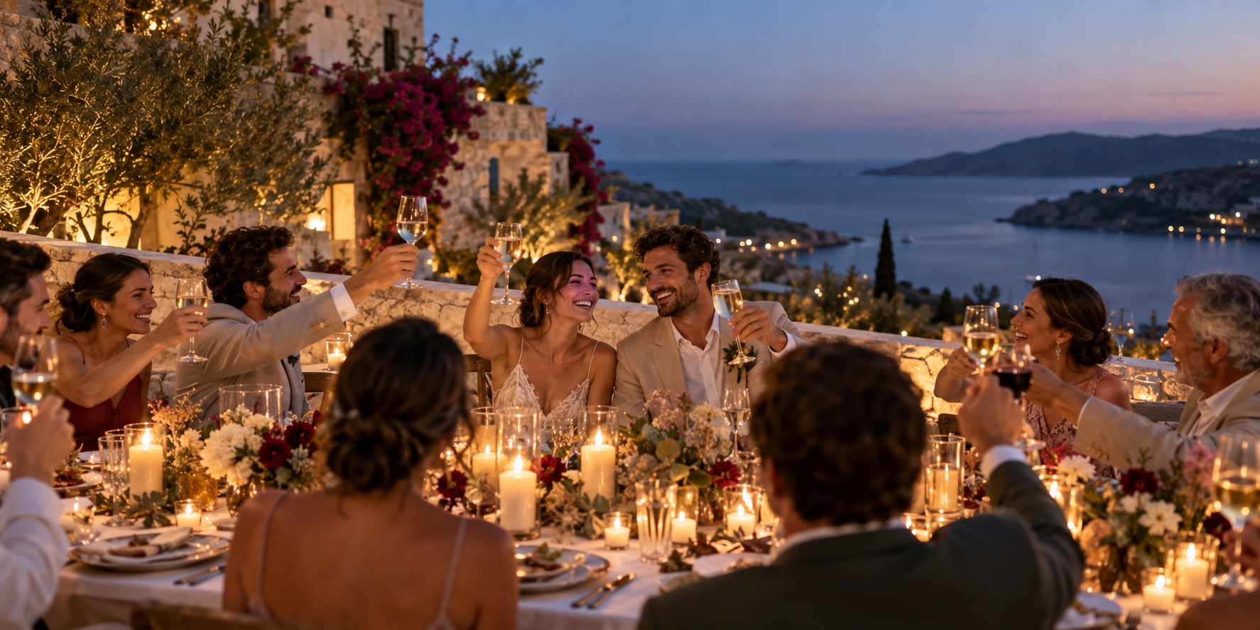 Wedding guests raising a joyful toast during a candlelit seaside dinner