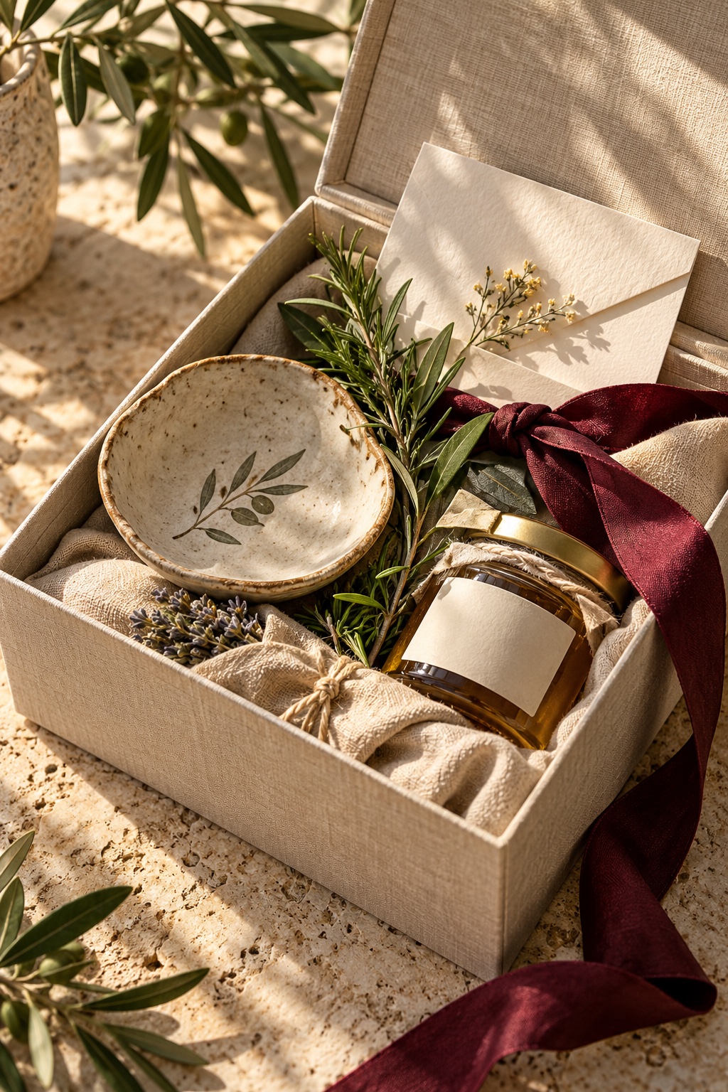 Bespoke wedding welcome gift with Cyprus-inspired details