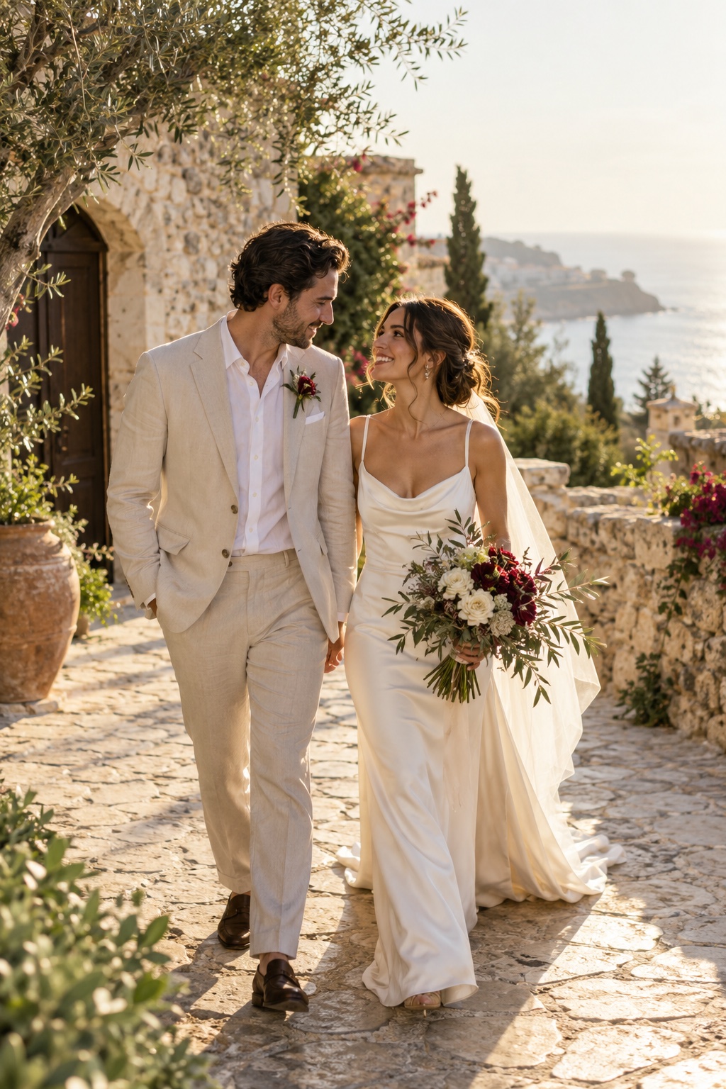 Newly married couple walking through a sunlit Mediterranean courtyard